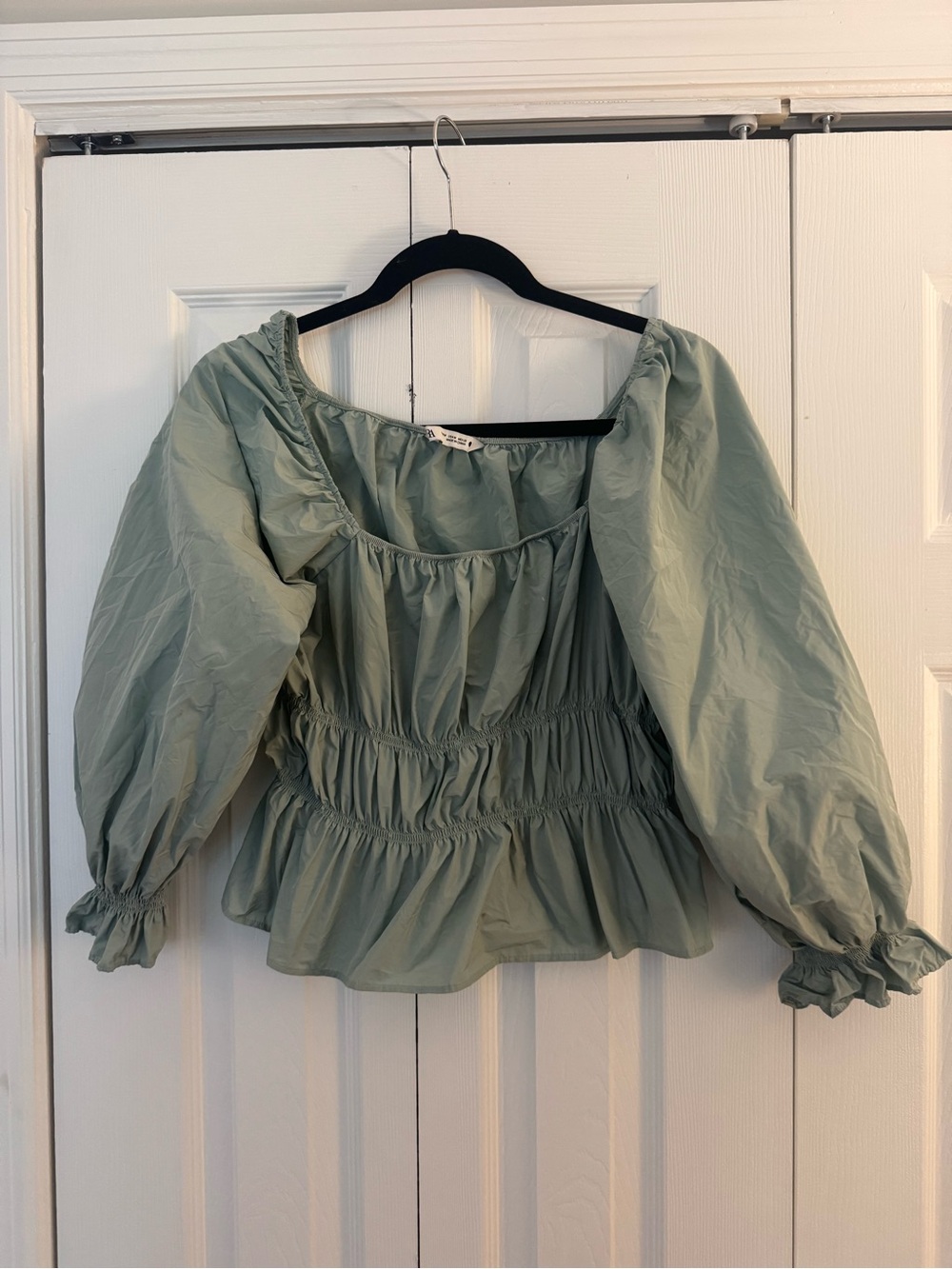 Zara Sage Green Smocked Peplum Puff Sleeve Blouse
